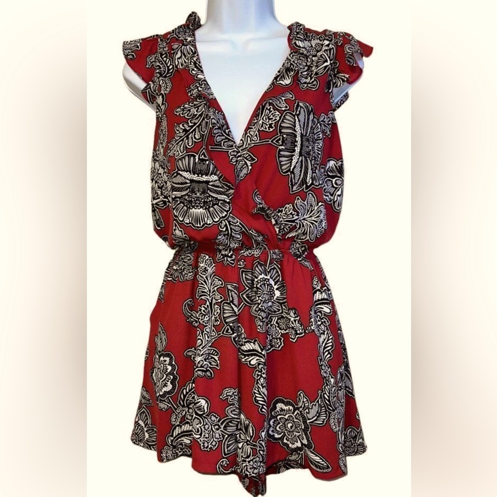 Express Dark Red Floral Ruffle Trim Romper Sz S
